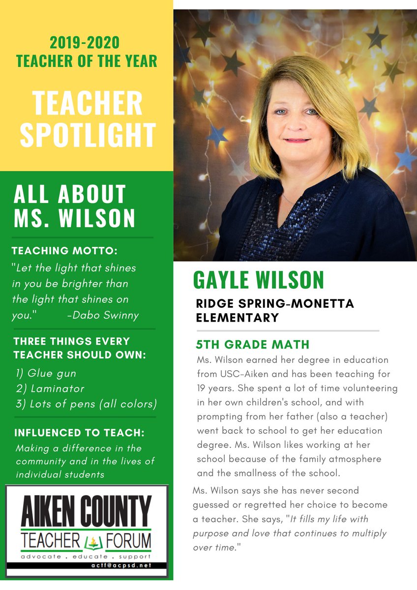 We will be welcoming our 2020-2021 Teachers of the Year very soon; until then we will continue recognizing this year's stars.

🔦 2019-2020 Teacher of the Year Teacher Spotlight:
Ms. Gayle Wilson from <a href="/RSMElem/">Ridge Spring-Monetta Elementary School</a> 

#teacherleaders #ACTFsupports #ACTFadvocates #TOY