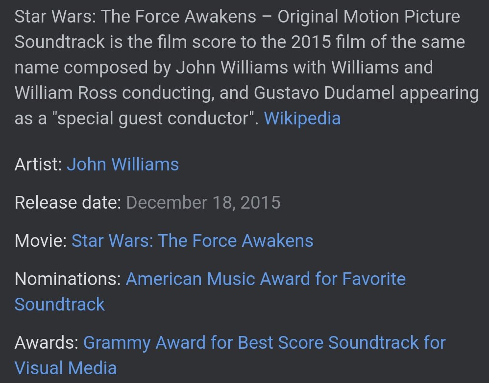 Star War: The Force Awakens — John WilliamsRey's theme and Kylo Ren's theme are wonderful but not new music to Star Wars as they are both built off The Throne Room theme from ROTJ. When Rey finds Luke at the end of the movie, it's my favourite rendition of The "Force" theme.