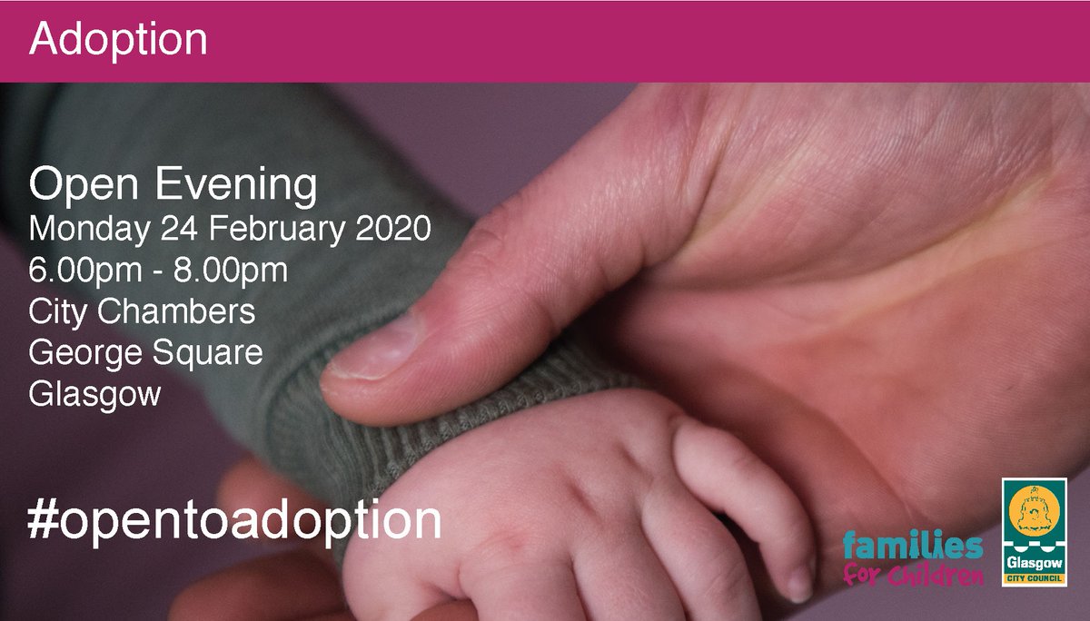 fosterglasgow's tweet photo. We have an information evening on Mon 24th Feb for those who would like to find out more about Adoption. It's on from 6pm until 8pm.

#adoption #opentoadoption #glasgowschildren https://t.co/LHSqjNlE44