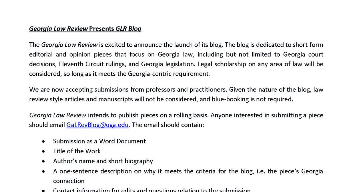 We are excited to announce the GLR Blog! Be on the lookout for all things #Georgia law at: georgialawreview.org/posts.  
If you are an academic, practitioner, judge, etc. with something to say about GA law we want to publish it! Email us at: GaLRevBlog@uga.edu #legalscholarship