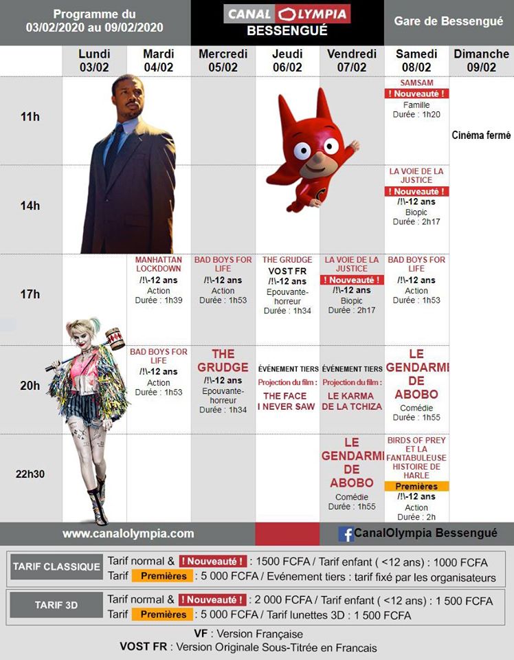 🎬 Ciné 🚩 Programme Ciné
📅 03.02.2020 au 09.02.2020
💰 5000 Xaf, 1500 Xaf, 1000 Xaf
👉 Canal Olympia - Bessengue
#DlaYdeOut #Douala