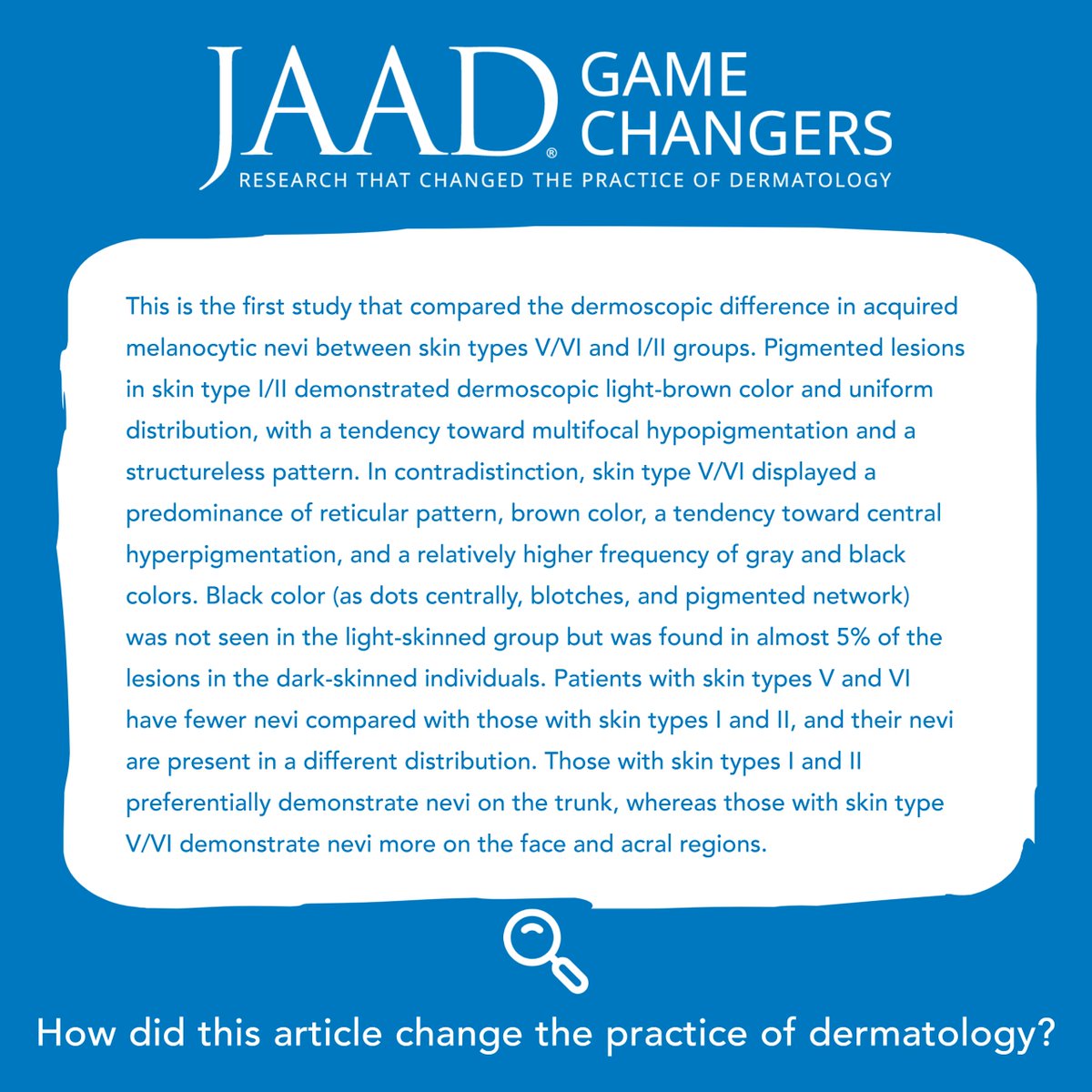 Dermoscopy of black skin: A cross-sectional study of clinical and dermoscopic features of melanocytic lesions in individuals with type V/VI skin compared to those with type I/II skin bit.ly/2Oy8tdW #JAADGameChangers