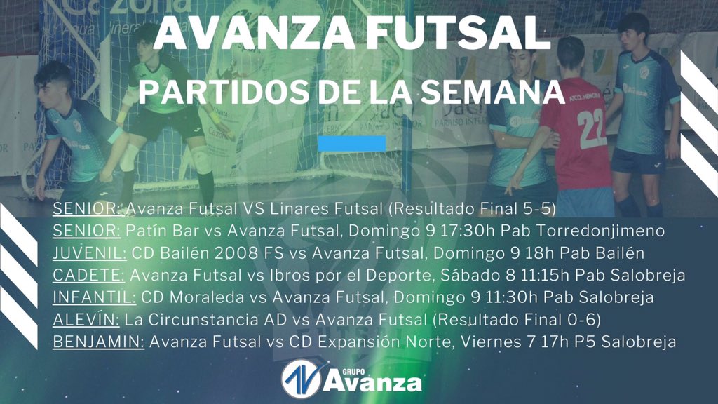 AvanzaJaen's tweet photo. ✔️ Info Avanza Futsal

Información de los partidos que se jugarán éste fin de semana en todas las categorías del club. 

#avanzaconeldeporte https://t.co/ei15q5kxrH