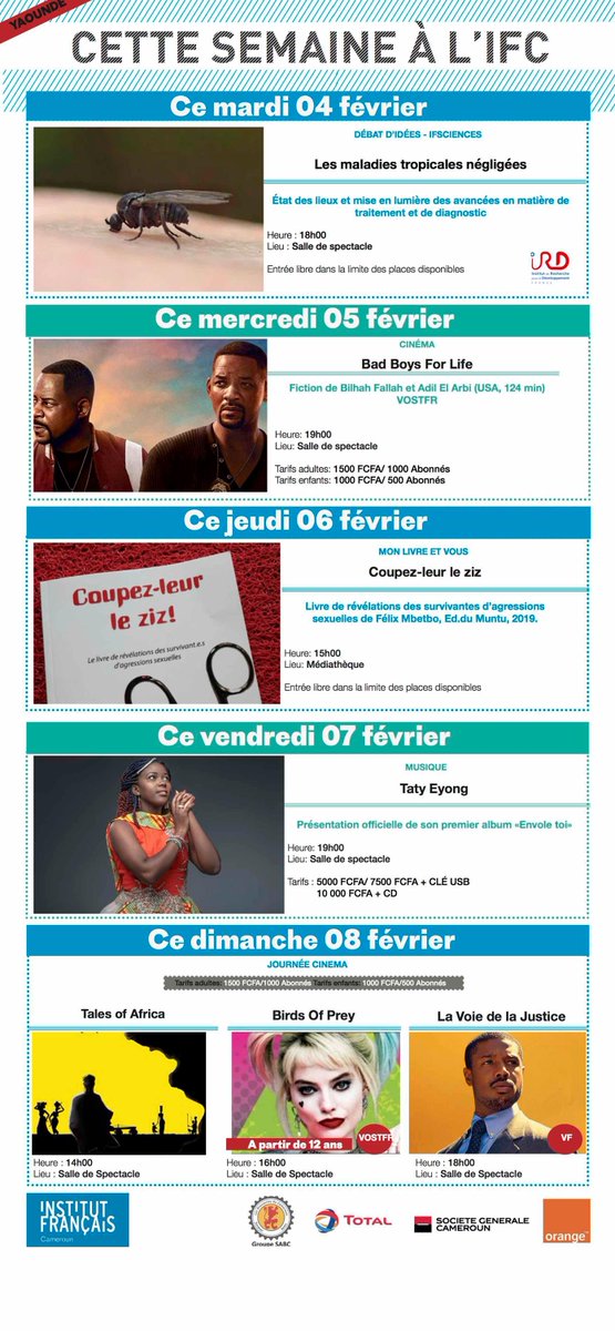 🔘 Autre🚩 Cette Semaine à l'IFC
📅 03.02.2020 au 09.02.2020
👉 IFC de Yaoundé
#DlaYdeOut #Yaoundé