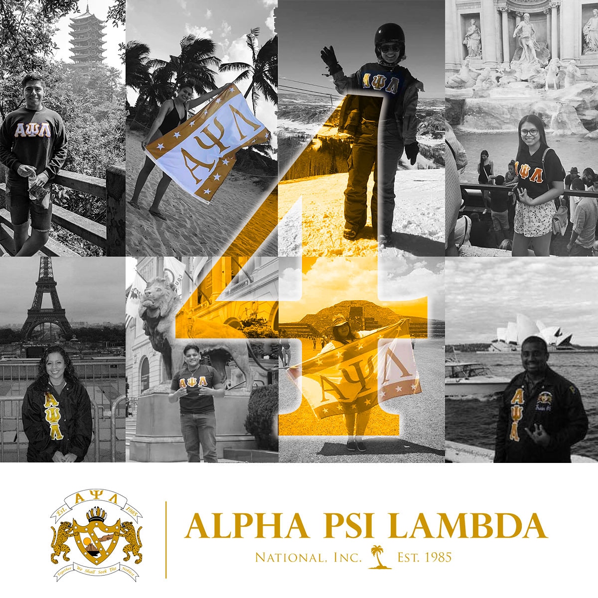 AlphaPsiLambda's tweet photo. You can spot our letters everywhere, whether it be in Australia, China, France, Italy, or Mexico. On February 11th, no matter where you are, tag us, in your pictures wearing your Greek letters or Gold & White. Remember, use the hashtags #APsi35 and #NLWD. We are FOUR days away! https://t.co/z3HdrkOtyc