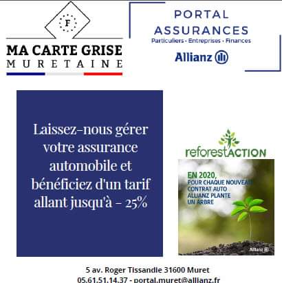 En partenariat avec MA CARTE GRISE MURETAINE ✔️

Allez faire votre carte grise au 8 boulevard de Joffrery et laissez ensuite Allianz Portal gérer votre assurance automobile ! 🚘

On le rappelle 💡🌎

1 CONTRAT AUTO SOUSCRIT = 1 ARBRE PLANTE 🌳