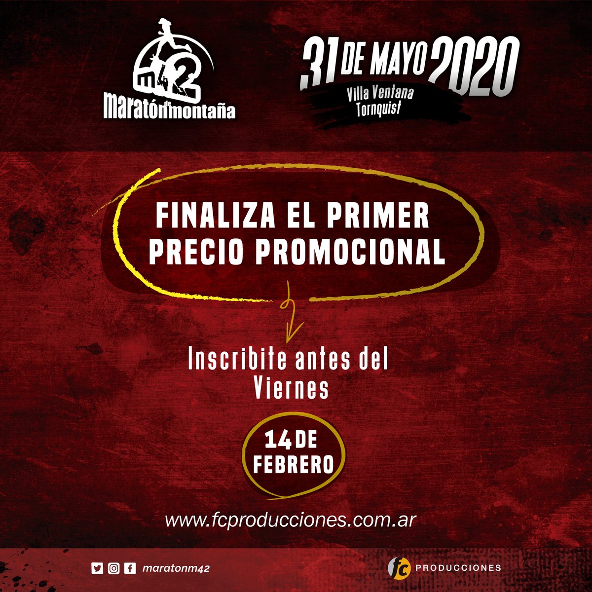 MaratonM42's tweet photo. ¿Todavía no te inscribiste al #MaratonM42?

⏰ Tenés tiempo hasta el viernes 14 de febrero inclusive para hacerlo antes del primer vencimiento.

💻 ¡No te duermas! Inscribite en https://t.co/6W0U6xMupz https://t.co/1dJHb342g6
