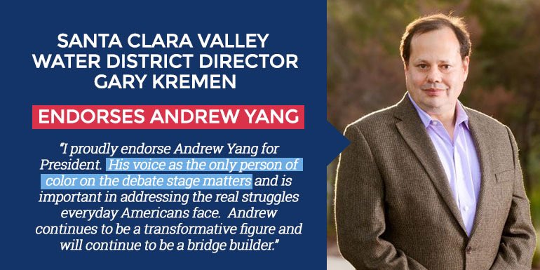 Evan_Low's tweet photo. Retweet! Another @AndrewYang endorsement from @Match.com founder @gkremen ! He’s also an elected official on the Santa Clara Valley Water District. Thank you, Gary! #AndrewYang #yanggang #YangUpgradesAmerica https://t.co/0hBd50GMVw