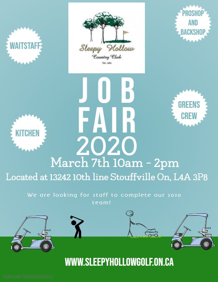 GolfSleepy's tweet photo. Our Job Fair is next month! We are looking for our 2020 team, bring your resume and come on out to see what seasonal positions we have to offer #yorkregion #stouffvillegolf #privateclublife #countryclub #summerjobs #jobfair #golfclubjobs https://t.co/D7YJ3Lpysq
