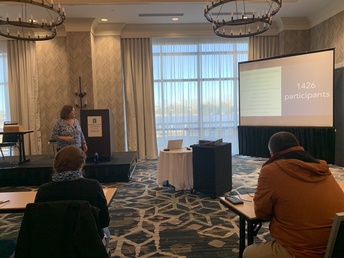 RecResourceServ's tweet photo. Good Morning from #NCParksDirectors Conference! @RecResourceServ & @NCStateCNR recognize @MichelleWellsNC & @NCRPA for all you do for the profession. 5,300 members (largest in USA) strong! #NCPRDC https://t.co/8dOil1rK7h