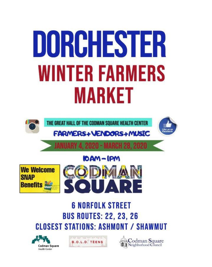 BOSfoodjustice's tweet photo. Dorchester Winter Farmers Market is open Saturday, 10:00am - 12:00pm #FarmersMarket #FarmFreshBos #BOSFoodAccess https://t.co/afRaWYsPrM