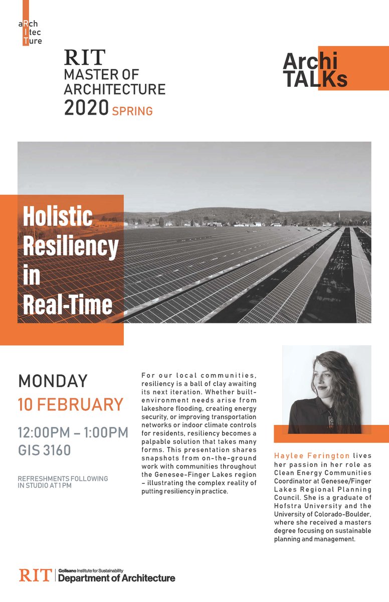 Haylee, our Clean Energy Communities Coordinator, will be giving a talk on holistic resiliency at <a href="/GIS_RIT/">GIS at RIT</a> on Monday February 10 for <a href="/RITtigers/">RIT</a>'s ArchiTALKs series!