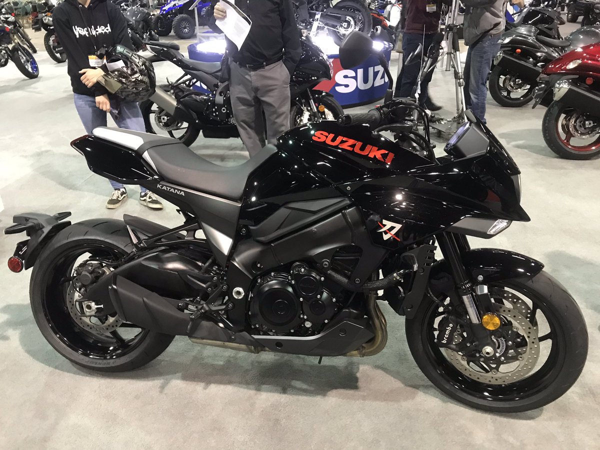 MotorcycleShows's tweet photo. .@suzukicycles #Katana in striking black. Beautiful sport bike with some added comfort and all the performance you’ll ever need! #MediaDay #ChicagoIMS https://t.co/yNFtWrBKkw
