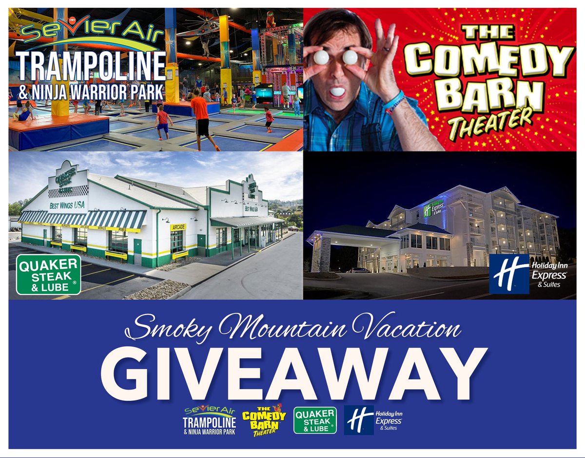 Sevier_Air's tweet photo. 🚨 WIN A Smoky Mountain Vacation!ʟɪᴋᴇ ᴏᴜʀ FB ᴘᴀɢᴇ ᴀɴᴅ sʜᴀʀᴇ ᴛʜɪs ᴘᴏsᴛ ᴛᴏ ᴡɪɴ!
Vacation Package Includes;
•(4) two hour jump passes to Sevier Air
•(4) tickets to The Comedy Barn
• Two night stay at Holiday Inn Express &amp; Suites
• $50 Quaker Steak &amp; Lube gift https://t.co/RAi2ZtVxol
