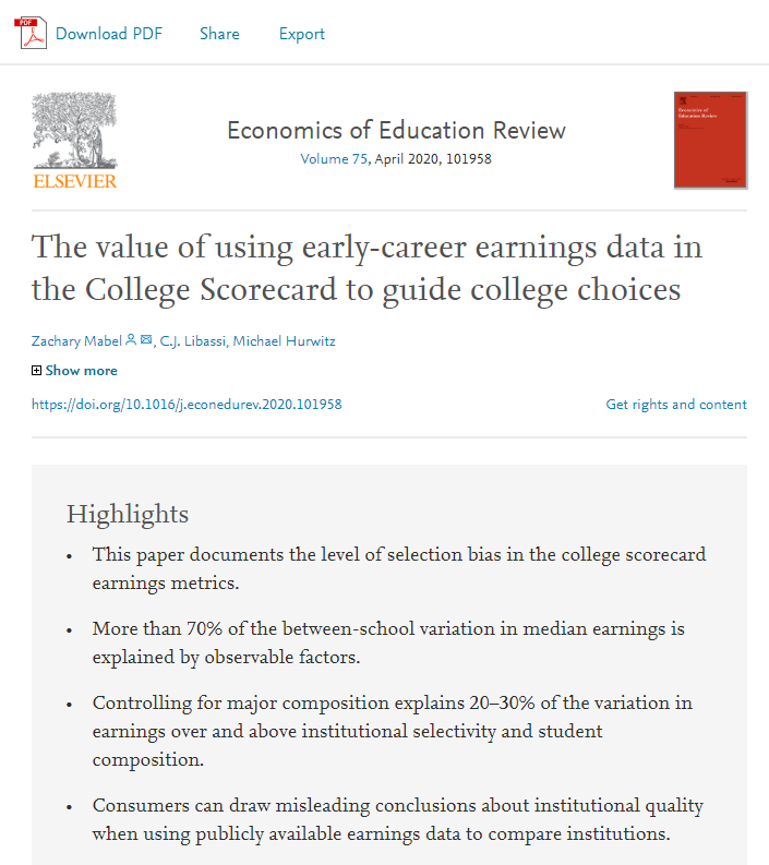 CJ Libassi (@clibassi) on Twitter photo Excited to have my paper w/ <a href="/zmabes/">Zack Mabel</a> & Mike Hurwitz out in Econ of Ed Review now! We got a lot of helpful feedback from reviewers & imo the paper improved a lot from the working paper version. Give a read if you want to learn abt Scorecard earnings data: sciencedirect.com/science/articl… Excited to have my paper w/ <a href="/zmabes/">Zack Mabel</a> & Mike Hurwitz out in Econ of Ed Review now! We got a lot of helpful feedback from reviewers & imo the paper improved a lot from the working paper version. Give a read if you want to learn abt Scorecard earnings data: sciencedirect.com/science/articl…
