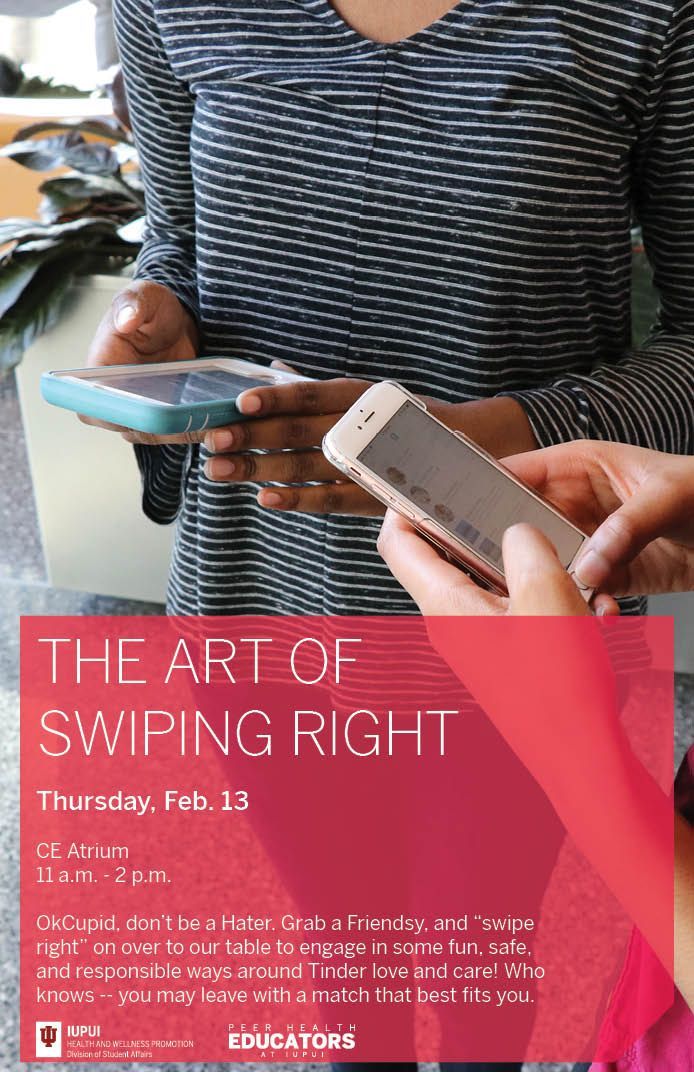 IUPUIwellness's tweet photo. Don't swipe left on this event! No need to block this message! Learn all about Tinder love and care, explore their boundaries of the digital world, and increase your confidence around having discussions about sexual choices #SexualResponsibilityWeek #JagWELL https://t.co/Spsz3q9nMz