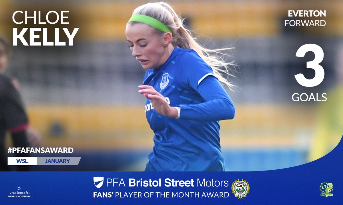 Everton_FFC's tweet photo. .@EvertonWomen’s @Chloe_Kelly98  has been nominated for the January PFA @BristolStMotors Fans' Player of the Month! 

Vote here 👉  https://t.co/LlMjWfADiQ  
 
#PFAFansAward #COYB 🔵⚪ https://t.co/lKjyjEQLew