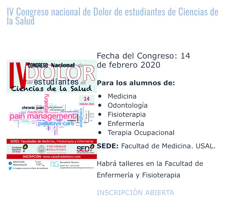 DolorUSAL's tweet photo. Continua abierto el plazo de inscripción gratuito para todos los alumnos de facultades de Ciencias de la Salud de USAL. Anímate!! https://t.co/HLi4ktaNrs @alumniusal #cienciasdelasalud #dolor #formación #medicina #fisioterapia #enfermeria https://t.co/3scPHMO56u