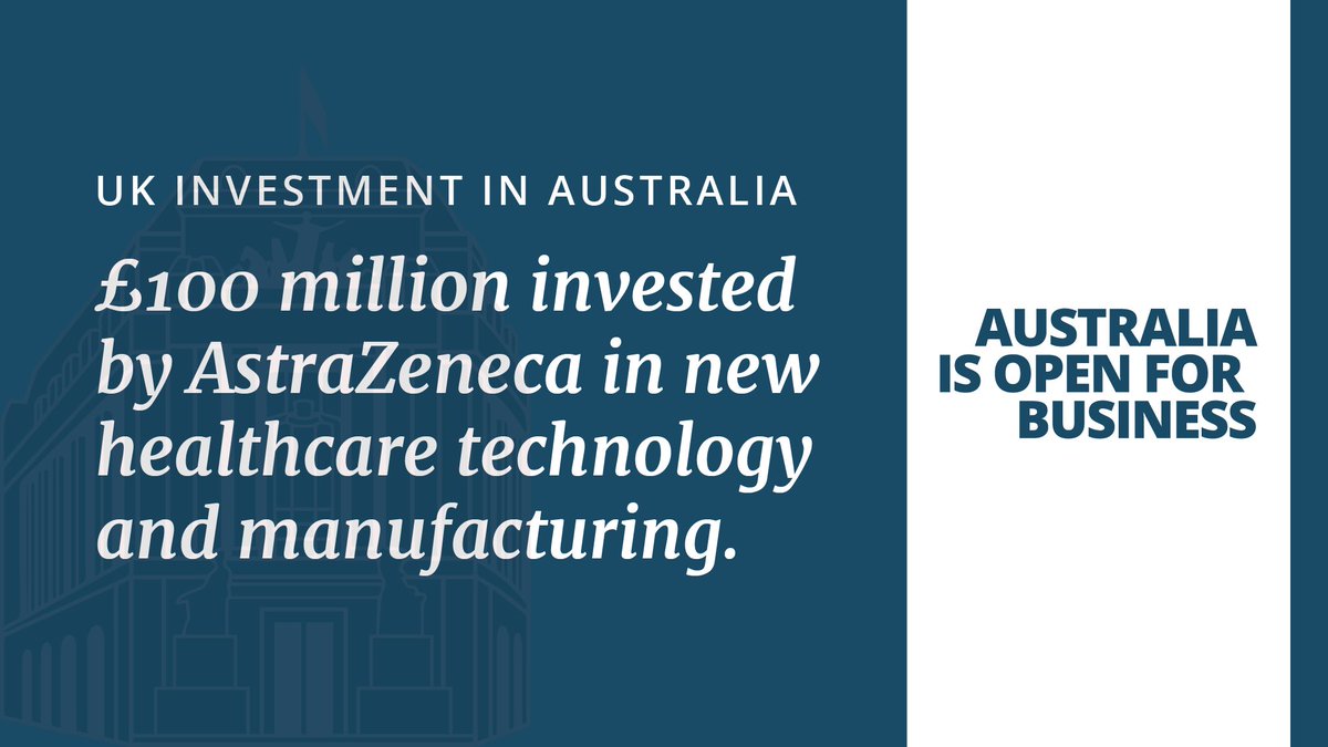 AusHouseLondon's tweet photo. Australia is open for business. As part of @DominicRaab’s trip to Australia, @AstraZeneca announced a £100 million investment in Australia to deliver world-class manufacturing facilities, improve health outcomes and create jobs. https://t.co/8T5KKTcrzL