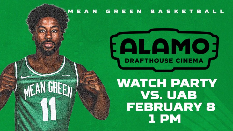 MeanGreenSports's tweet photo. The official @MeanGreenMBB away game watch party location is @AlamoDFW!
 
🏀 UNT Basketball at UAB
📅 Saturday, February 8
⏰ 1 pm
📽️ Alamo Drafthouse in Denton
🎟️https://t.co/ilY3LB4odr https://t.co/5Lcu7SMN0P