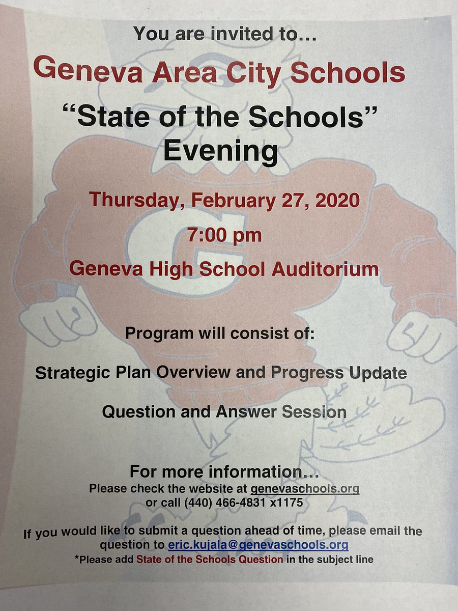 Looking for some information about the District’s future plans ...come to the “State of the Schools” Evening on February 27th - 7pm in the GHS Auditorium.