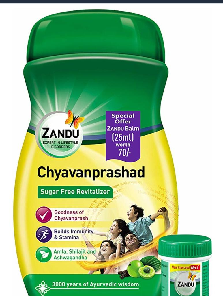 + Zandu ChyavanprashadFront Label - 'Sugar Free Revitaliser','Ayurvedic Wisdom', 'Builds Stamina'Back label - Contains artificial sweetener Sucralose!