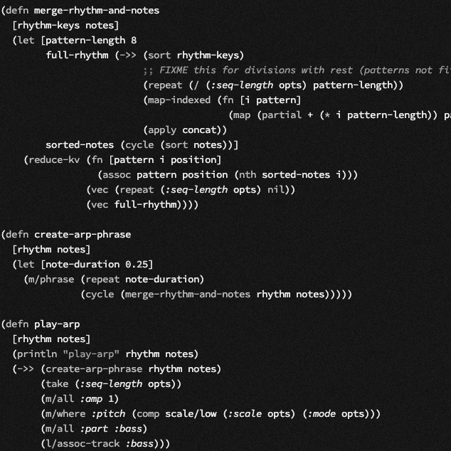 troll_breeder's tweet photo. Let code be your instrument.

#creativemachine #metal #clojure #opensource #progressivemetal #algorithm #music #inspiration #art #composing https://t.co/kwpfBg0Tly