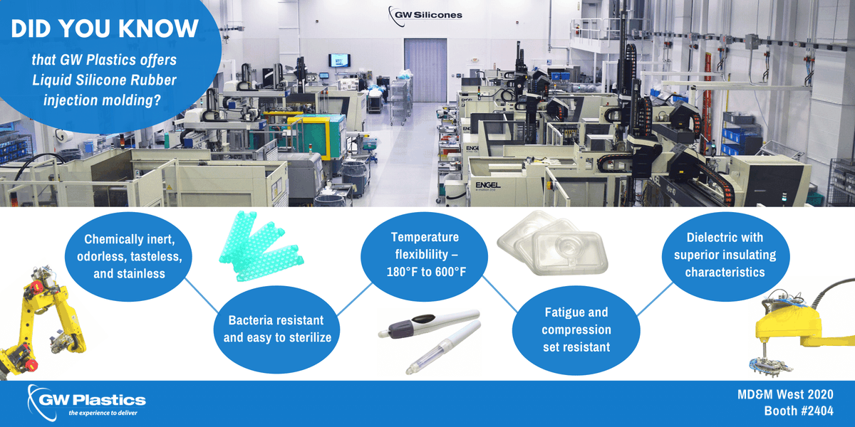 GWPlasticsInc's tweet photo. Considering releasing a product using Liquid Silicone Rubber? Take advantage of LSR's innovative properties by letting us help you convert your product from traditional thermoplastic materials!

Learn more about our silicone manufacturing capabilities at MD&amp;M West! https://t.co/byaYmdudON