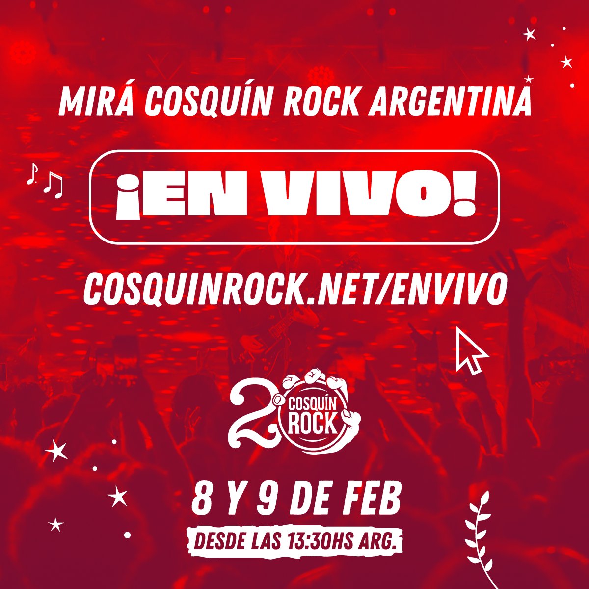 ¡Este 8 y 9 de Febrero mira la fiesta de los 20 Años de Cosquin Rock Argentina EN VIVO!
.
🙌 Sigue la transmisión en cosquinrock.net/EnVivo desde las 13.30hs Argentina 🙌
.
#CR20Años