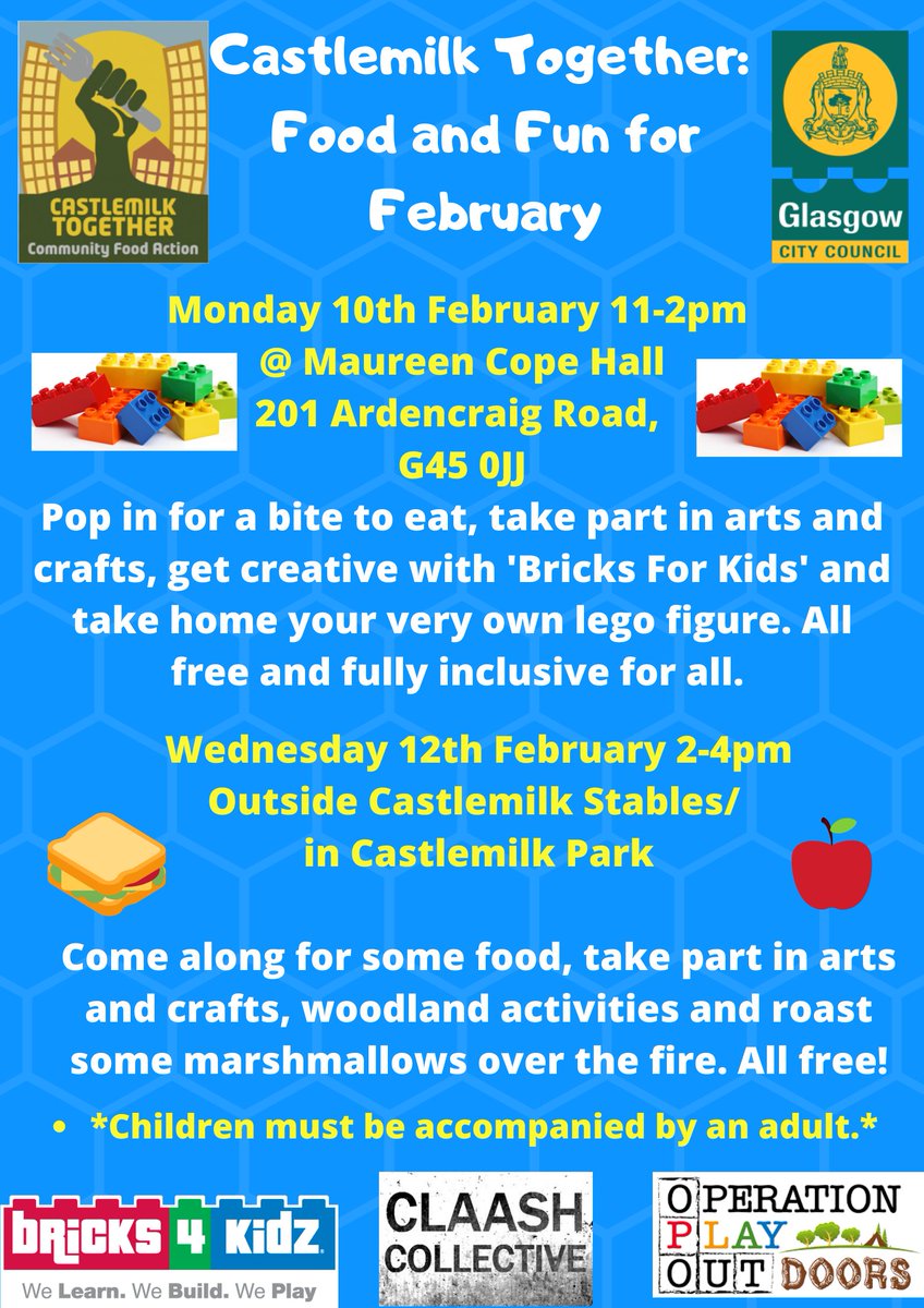 Ardenglen are delighted to support and facilitate another Castlemilk Togethers Food & Fun event on Monday 10th February from 11 -2 at the Maureen Cope Community Hall. Our hard working Community Committee are looking forward to welcoming the communities families to the hall 😀