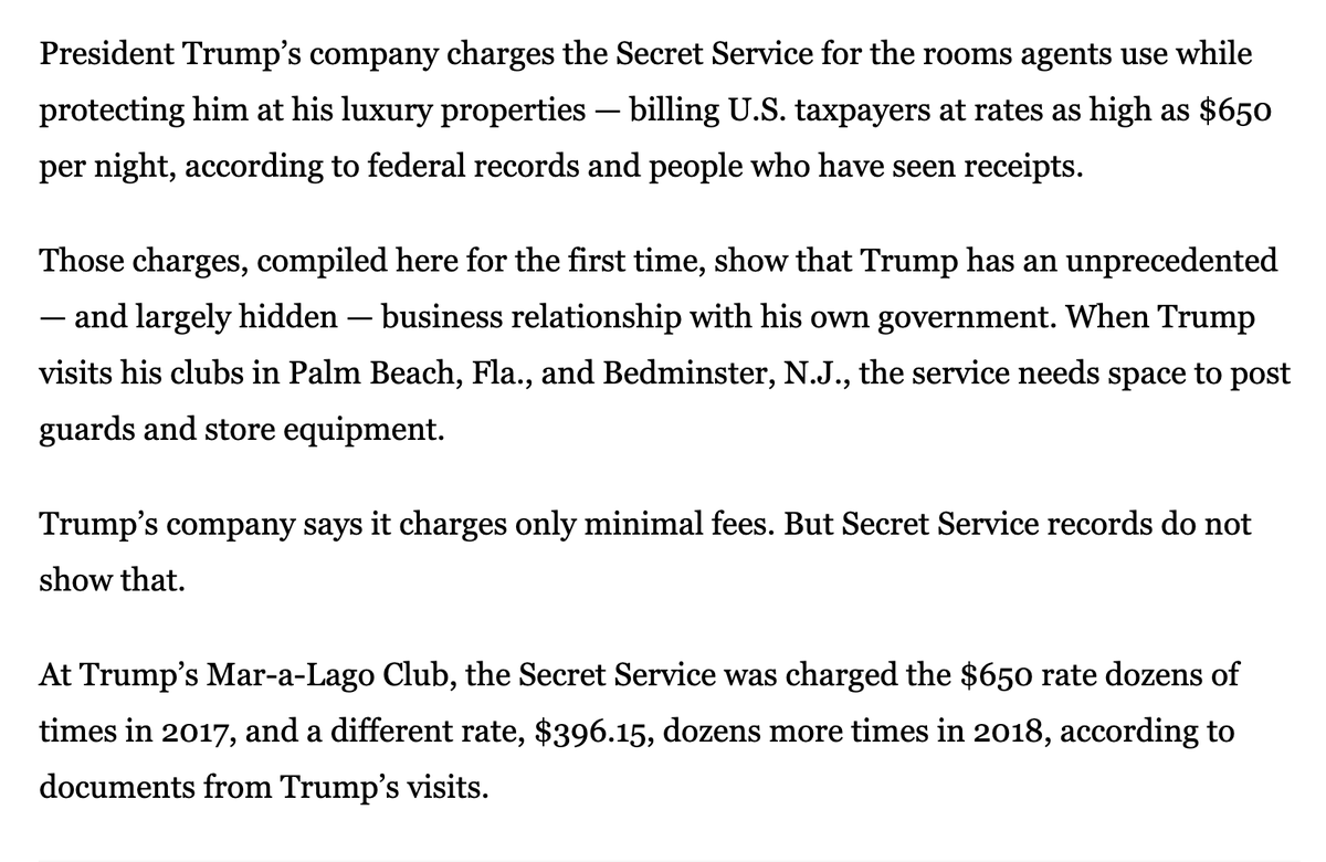 KFILE's tweet photo. Deep reporting here from the Washington Post, showing Trump is charging the Secret Service rates as high as $650 a night for a room and $17,000 a month for a cottage at his properties. 

The records contradict claims from Trump Org. on "free" costs.

https://t.co/a2E3BuplQs https://t.co/j5ds09bRau