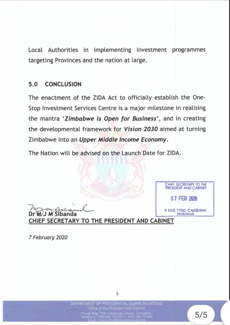 FULL TEXT: President Mnangagwa Signs The Zimbabwe Investment And