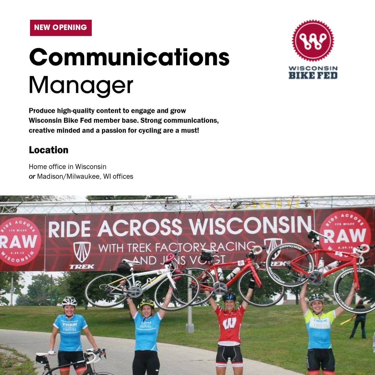 Our friends at Wisconsin Bike Fed are hiring! 
Join the largest statewide bicycle advocacy organization in the country. To apply, send resume to AndreaR@trekbikes.com.

View the full job description at: lnkd.in/ekCVvwb