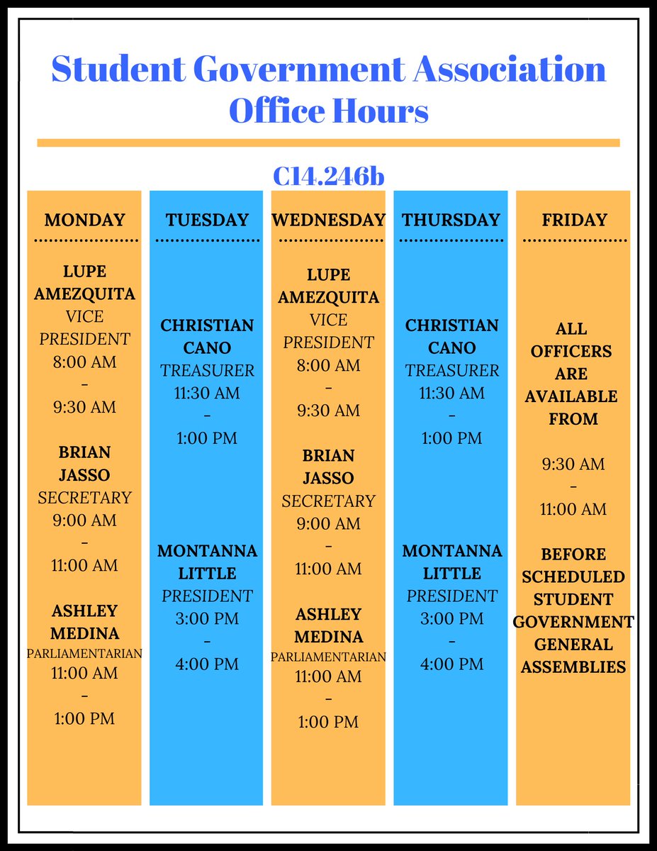 Here we have provided our office hours for anyone interested! Ever have a question? We will try our best to answer it.😁We will be more than happy to answer, questions regarding an organization, events on campus, or anything! Have a good day, from your fellow SGA officers!😊