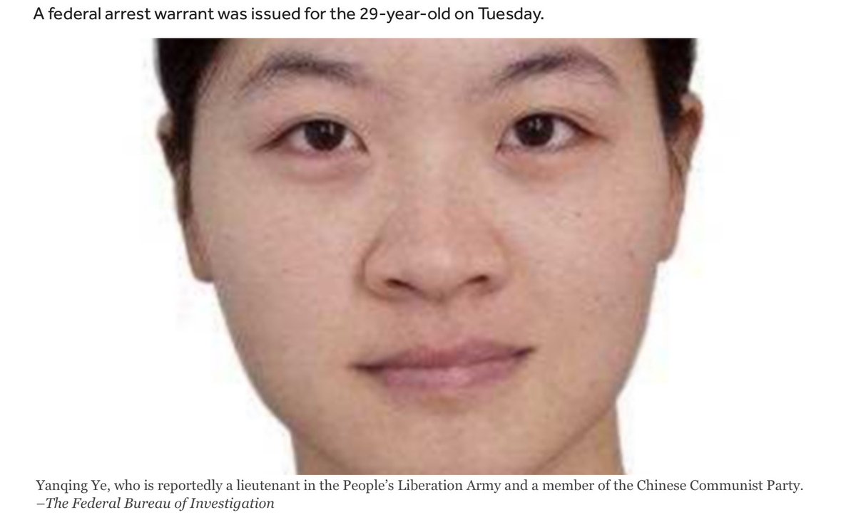 Boston, Massachusetts:  @FBI Released “Most Wanted” Poster for Former Boston Univ Student Yanqing Ye, 29, Chinese Lieutenant in People’s Liberation Army (Armed Forces of China)Ye was studying in Physics, Chemistry & Biomedical Engineering Dept. https://www.boston.com/news/crime/2020/01/31/former-boston-university-student-wanted-by-the-fbi-for-alleged-counterintelligence