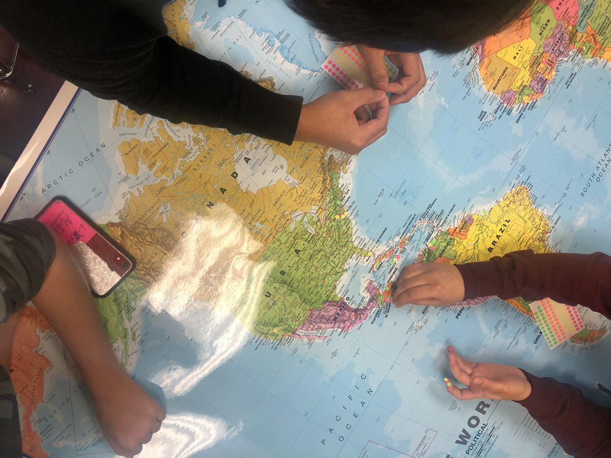 _swelks's tweet photo. The THS World Map is coming to life! 🌎 😍🙌🏻 Different color dots represent places of birth for students, parents, and grandparents. The conversations that happen over this map are even better! #multiculturalclub #WeRTro https://t.co/AmD1P2KbzT