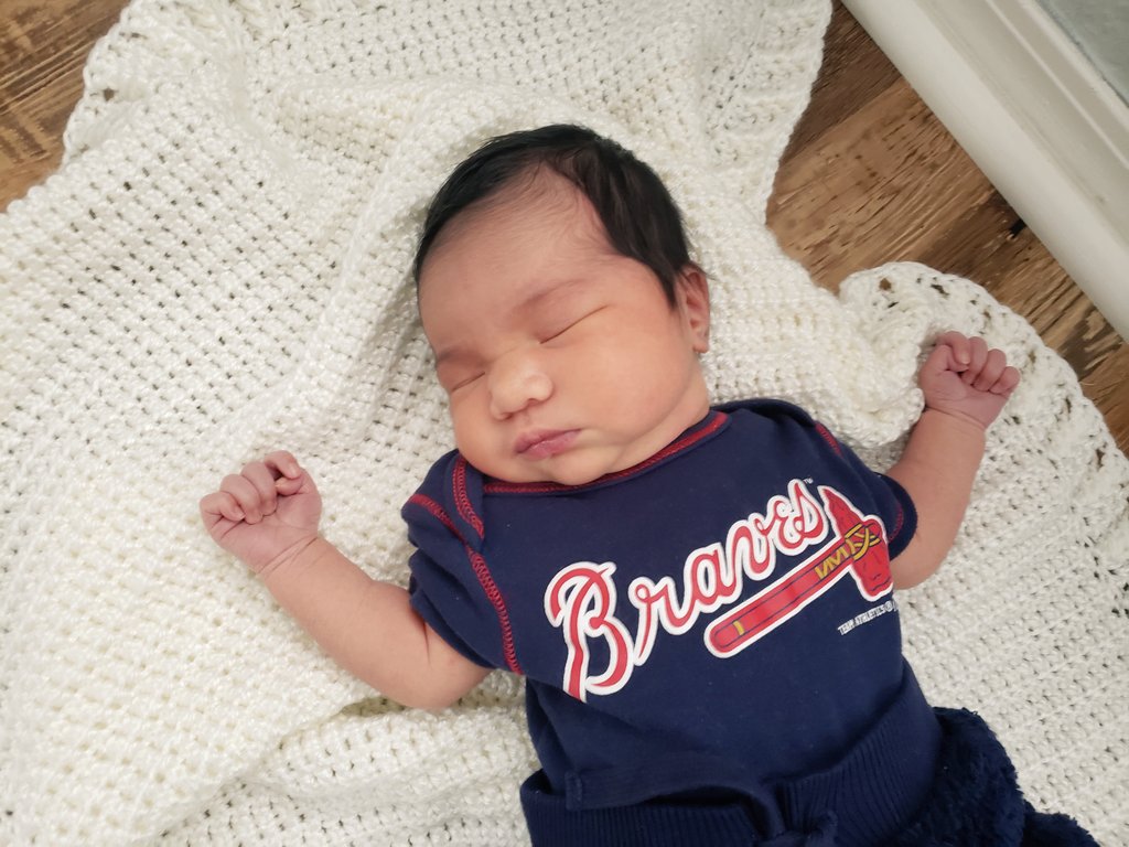 ambergoesviolin's tweet photo. Most exciting news ever! 
@patrickisphat and I have officially adopted the newest (and best) @braves fan! 
God is good and we are so super blessed. https://t.co/8ADYH4puB4