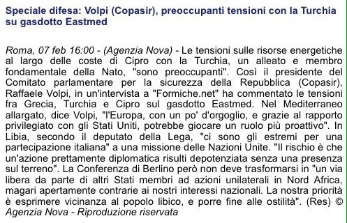 Speciale difesa: Volpi (Copasir), preoccupanti tensioni con la Turchia su gasdotto Eastmed  https://www.agenzianova.com/a/5e3d7daac61813.78316949/2800360/2020-02-07/speciale-difesa-volpi-copasir-preoccupanti-tensioni-con-la-turchia-su-gasdotto-eastmed  #USA  #NATO  #ONU  #ConferenzaDiBerlino  #Libia  #Lega