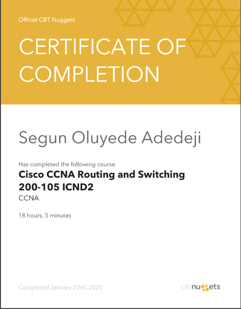 After 5 months of hard study for icnd1 and icnd2, I arrived😎, Special thanks to #cbtnuggets @CioaraJeremy @Wendellodom's book @davidbombal #JeremyIT labs #Alphaprep #facebookcommunity @CiscoLearning for all lectures on #icnd2. Now #CCNA certified 😊. Unto the next!