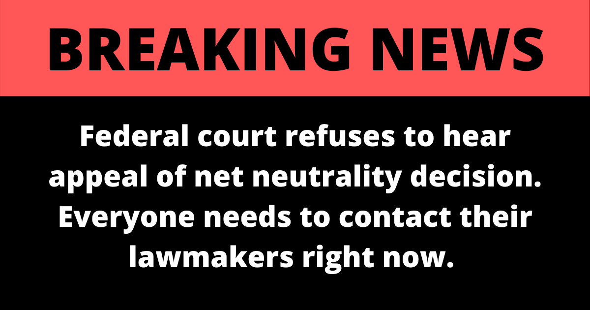 fightfortheftr's tweet photo. The courts are not going to save us. We need to fight tooth and nail to restore #NetNeutrality state by state and in Congress. Retweet to sound the alarm. Then take action: https://t.co/S8d0OxZQe0 https://t.co/O13jYNT1yj