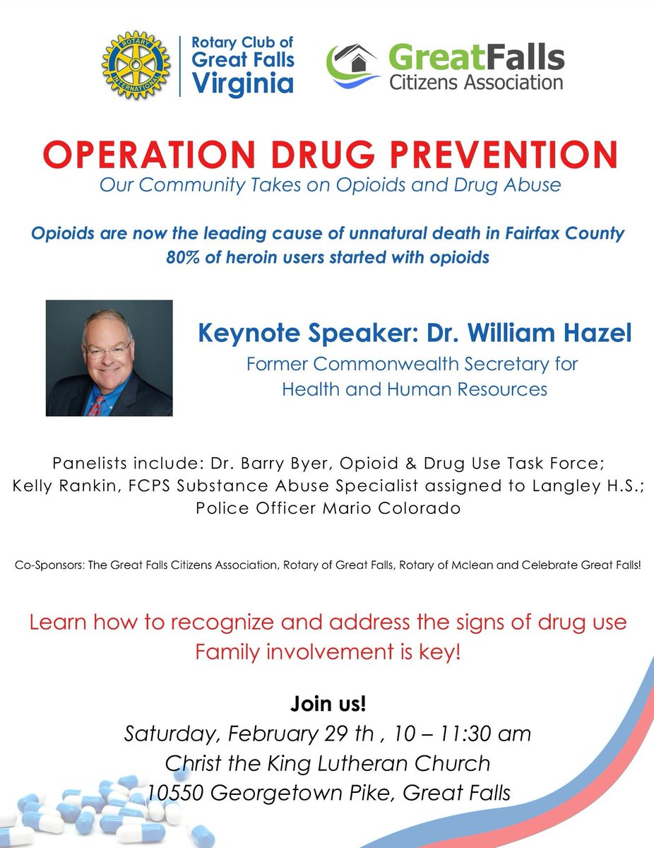 RotaryGFVa's tweet image. Rotary Takes on Opioids and Drug Use!
Opioids are now the leading cause of unnatural death in Fairfax County!
Join us for Operation Drug Prevention: a Community Forum, Feb. 29th