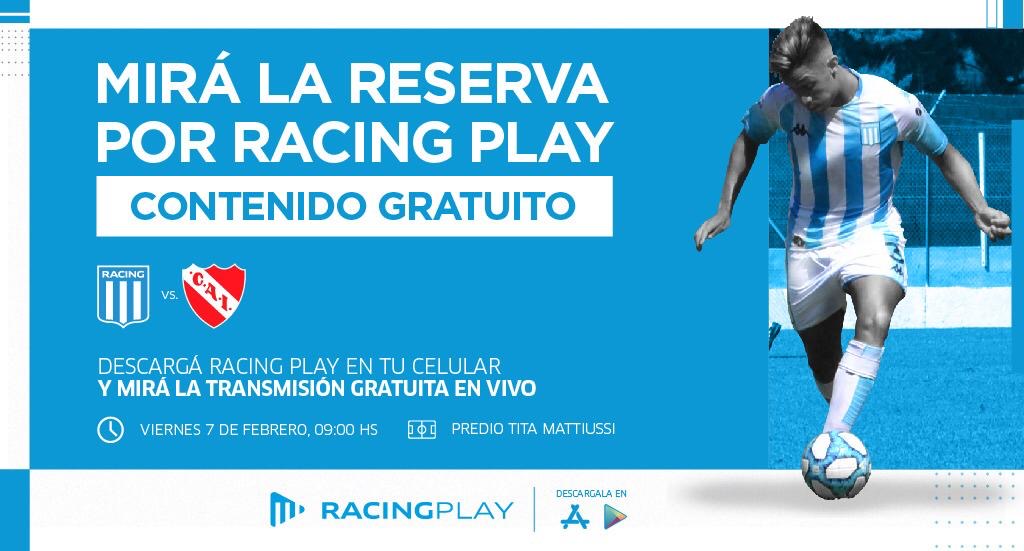 Hace una semana se lanzó <a href="/RacingClubPlay/">RacingPlay</a>, la plataforma OTT de <a href="/RacingClub/">Racing Club</a>. Hoy realizamos la primera transmisión en vivo y gratuita con el Clásico en Reserva ante <a href="/Independiente/">C. A. Independiente</a>. Un nuevo paso en el camino de <a href="/Poipes/">Poipes</a>, como socio tecnológico, ofreciendo un producto de calidad.