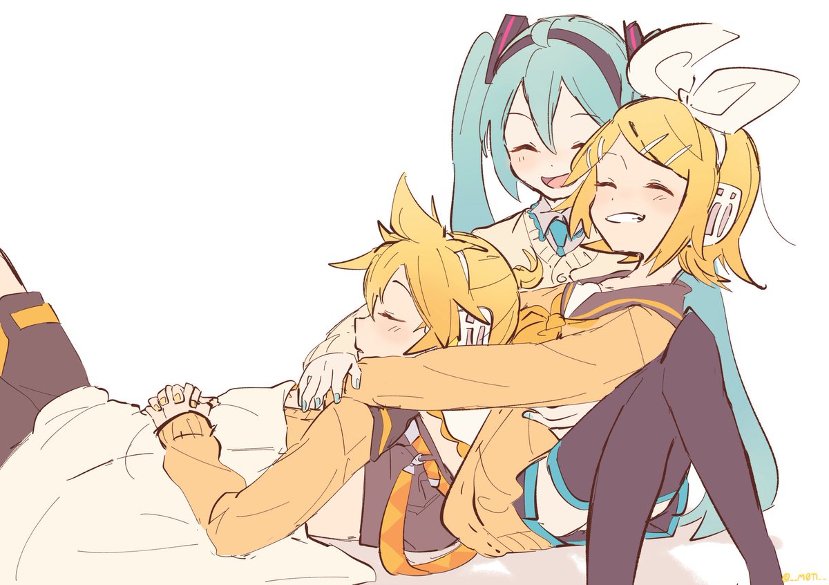 hatsune miku ,kagamine len ,kagamine rin multiple girls 1boy 2girls blonde hair white bow hair bow closed eyes  illustration images