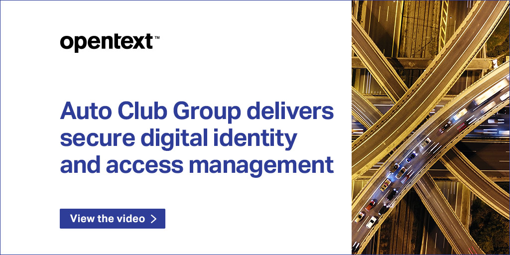 OpenText's tweet photo. The Auto Club Group uses OpenText Identity and Access Management to create a single digital member identity across all business units to reduce complexity, increase security, and streamline the digital experience for customers. Watch our video now:  https://t.co/eCtRjkMb2R https://t.co/nTVQjzdoJ2