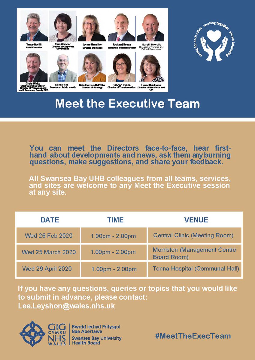 Tracy_Myhill's tweet photo. Please note the change of venue for our Feb and March #MeetTheExecTeam staff engagement sessions. Wed Feb 26 we'll be at Central Clinic and Wed March 25 we'll be at Morriston.  Full details in the poster.  Hope to see plenty of #TeamSwanBay there! https://t.co/CnDVNZnOlt