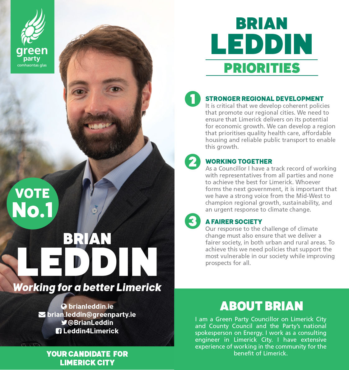 alan_mccormack's tweet photo. If you want a more equitable and just society that is focused on quality of life I can't think of anyone more deserving of you're number 1 vote then @BrianLeddin. He's passionate and determined to deliver a brighter and fairer future for #Limerick. #WantGreenVoteGreen https://t.co/rWn7jbvGoZ