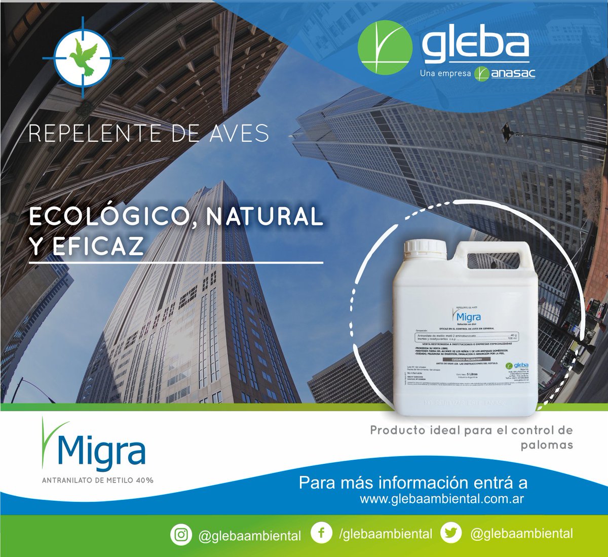 #MIGRA® es un #repelente de #aves formulado a base de un compuesto de origen natural extraído de las uvas, es apto para aplicaciones en el interior de instalaciones donde exista presencia de aves.
Evita el posado, pernocte y anidamiento.
 #control #Palomas #EspaciosVerdes