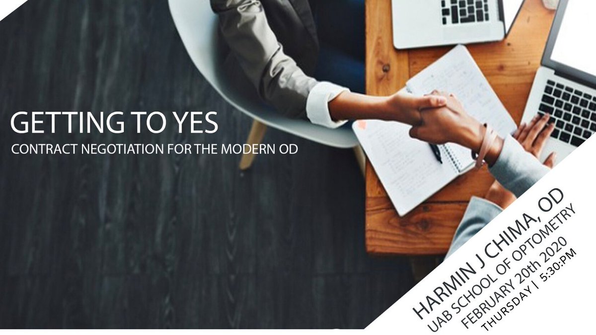 davekading's tweet image. Getting to YES!
 Contract Negotiation for the Modern OD  🤓
 with Dr. HARMIN J CHIMA, OD
THURSDAY, February 20th, 2020 at 5:30 pm
 University of Alabama 
School of Optometry
Volker Hall D, 1670 University Blvd
 Birmingham, AL 35233
#optometricinsights…