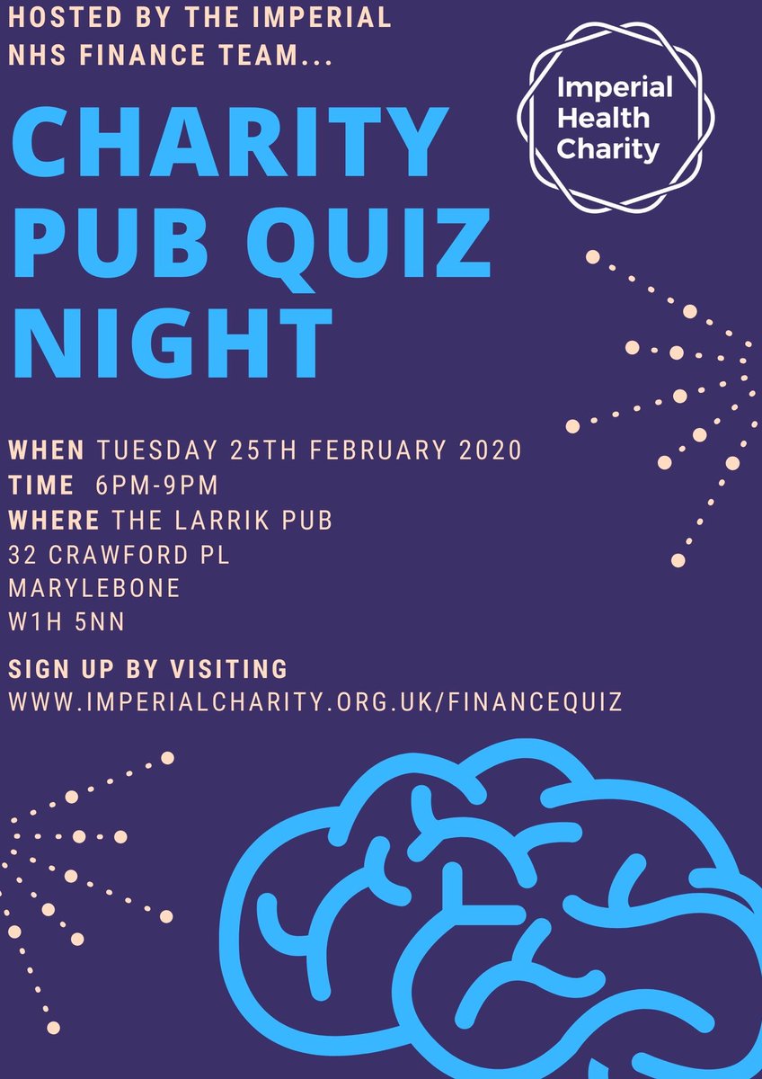 I’ll be quizmaster for another finance team charity quiz on 25th Feb.  Get your team together and see if you can beat last years winners - Strategic Finance.  Guaranteed no finance questions!! <a href="/ImperialCharity/">Imperial Health Charity</a> @SamB_at_work <a href="/GemGlan/">Gemma Glanville</a> <a href="/janefisherevans/">Jane Fisher</a> @DrJaneRed @MarcelleTauber