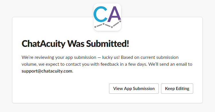 ChatAcuity's tweet photo. After 7 months of development, we just submitted to the Slack App Directory for review, look for us soon! https://t.co/7Qq6cR1qCV